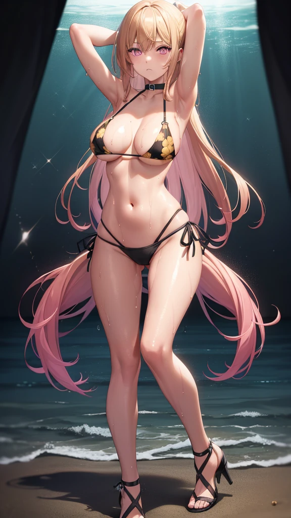1girl, marin kitagawa, blonde hair, choker, long hair, (pink eyes:1.5), (slanted eyes:1.5), (glare:1.5), straight hair, swept bangs, (long eyelashes), (lower eyelashes:1.3), (blush:1.3),
BREAK (triangle bikini:1.2), Black bikini, (black panty), (patternless panty), (Yellow floral bikini:1.3), medium breasts, Naked, Exposed skin, (Wet skin:1.3), (arms behind head, armpits), one hand showing nipples, peaks nipples
BREAK (sea:1.5), beach, (solar:1.3),
BREAK looking at viewer,
BREAK (masterpiece:1.2), best quality, high resolution, unity 8k wallpaper, (illustration:0.8), (beautiful detailed eyes:1.6), extremely detailed face, perfect lighting, extremely detailed CG, (perfect hands, perfect anatomy), full body, black high heels, showing thighs standing, side angle, from below, side,