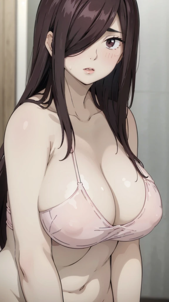 Cute mommy, mature women, pink bra,realistic skin,perfect ,black hair, long hair, (hair over one eye:1.4), messy hair, hair between eyes, chubby,plump,fat, nude,dense pubic hair, extreme pubic hair, Sexy lips, pucker lips,cute shy blush on, chubby cheek