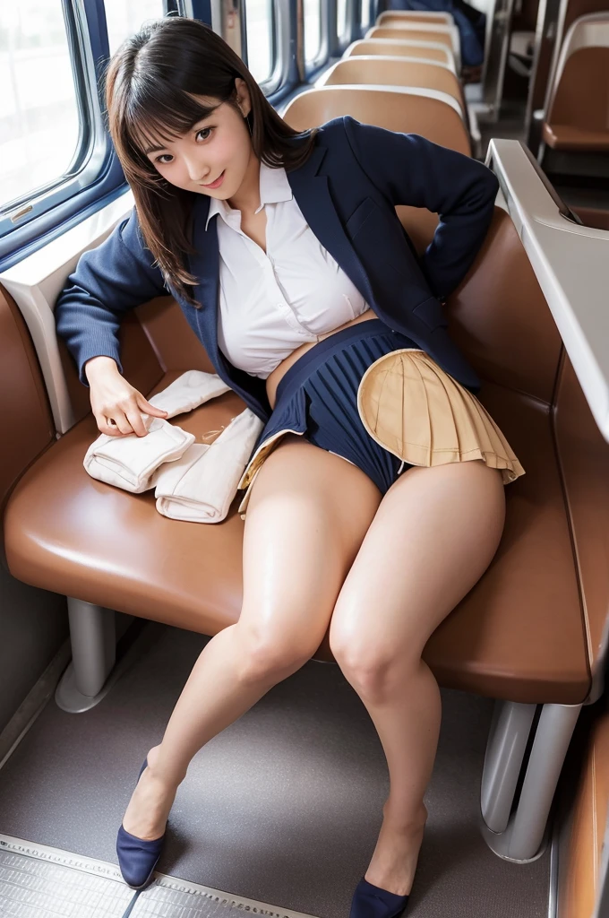 ((Highest quality)),  (detailed), 1 Japan, sexy、ass pov, school girl, in a train, sitting on a seat, (long seat:1.5), Beautiful Skin, Double eyelids, camel toe, navy pleated skirt, spread legs, (exposured panties:1.4), panty pull, blush, (smile:0.8), embarrassed, realistic