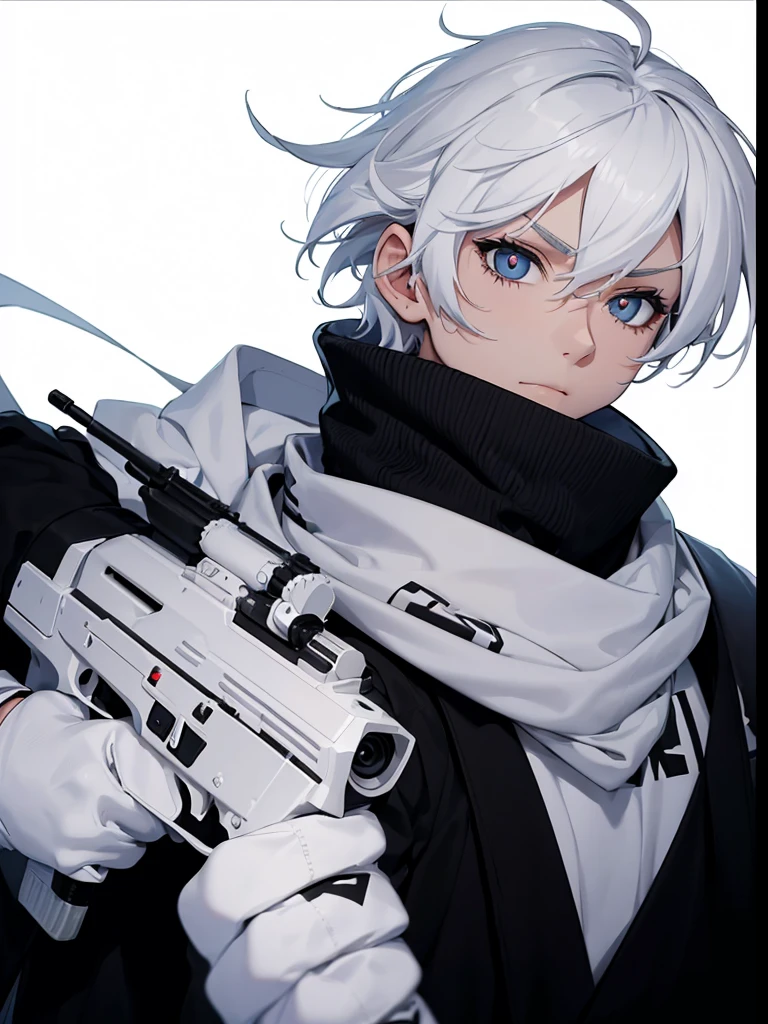 Boy with white hair;
shorth hair;
Messy hair;
eye white;
Some gun sight marks on the pupils;
wear black pants;
black jersey;
A white sweater;
A white scarf;
Snow white pupils The sniper is also white in color There&#39;s a white sniper on the back;


He is lying on the ground aiming with the sniper Right hands Symmetry Best quality No errors 

Sniper na mão 


((Faça ele segurar uma sniper branca simétrica sem erros e a mão segurando corretamente))