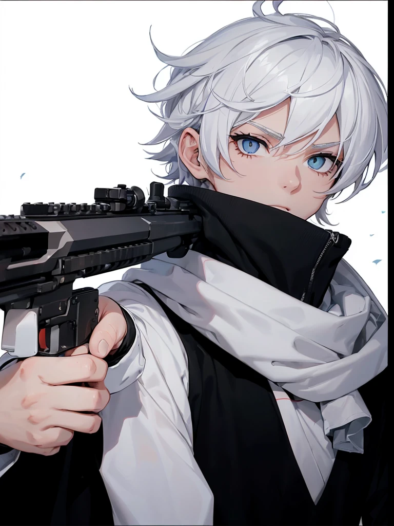Boy with white hair;
shorth hair;
Messy hair;
eye white;
Some gun sight marks on the pupils;
wear black pants;
black jersey;
A white sweater;
A white scarf;
Snow white pupils The sniper is also white in color There's a white sniper on the back;
He is lying on the ground aiming with the sniper Right hands Symmetry Best quality No errors
Sniper na mão
((Faça ele segurar uma sniper branca simétrica sem erros e a mão segurando corretamente))