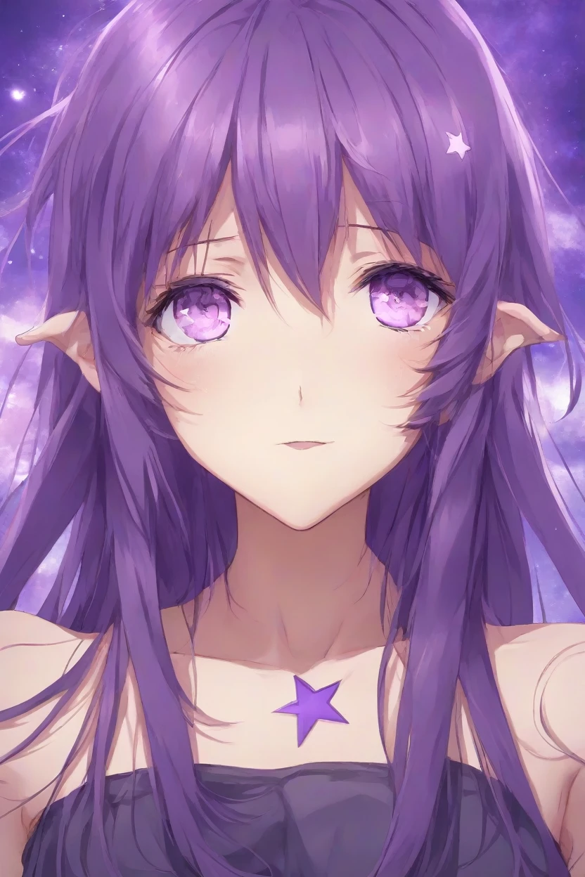 aihoshinonova, 1girl , solo, long hair, bangs, purple hair, purple eyes, star-shaped pupils, (close mouth), collarbone, blush, medium breasts,