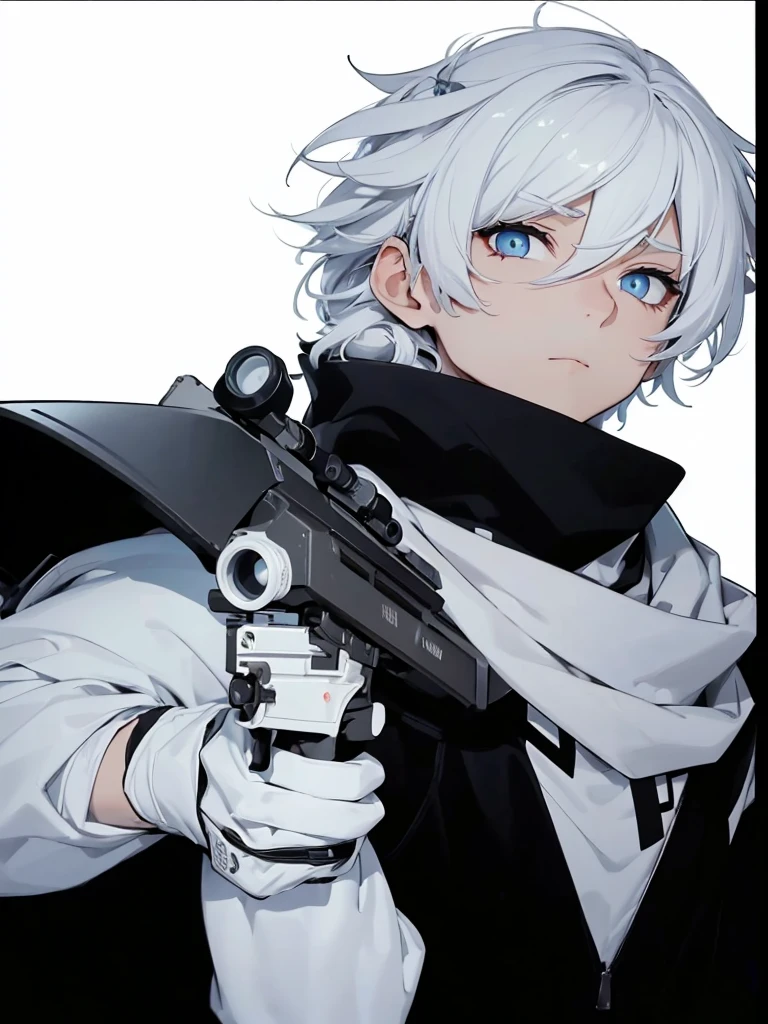 Boy with white hair;
shorth hair;
Messy hair;
eye white;
Some gun sight marks on the pupils;
wear black pants;
black jersey;
A white sweater;
A white scarf;
Snow white pupils The sniper is also white in color There&#39;s a white sniper on the back;


He is lying on the ground aiming with the sniper Right hands Symmetry Best quality No errors 

Sniper na mão 


((Faça ele segurar uma sniper branca simétrica sem erros e a mão segurando corretamente))