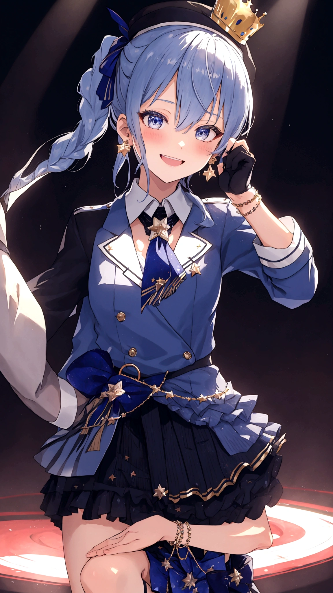 Mizunari Base, plaimorality beret, crown, Blue star necklace, star earrings, Blue Ascot, plaimorality jacket, plaimorality skirt, layeremorality skirt, Partial fingerless gloves, Star bracelet, Uneven Leg Clothing, Thigh straps, on stage, spotlight, hanmoralitys on hips, Smile, :morality, blush, 