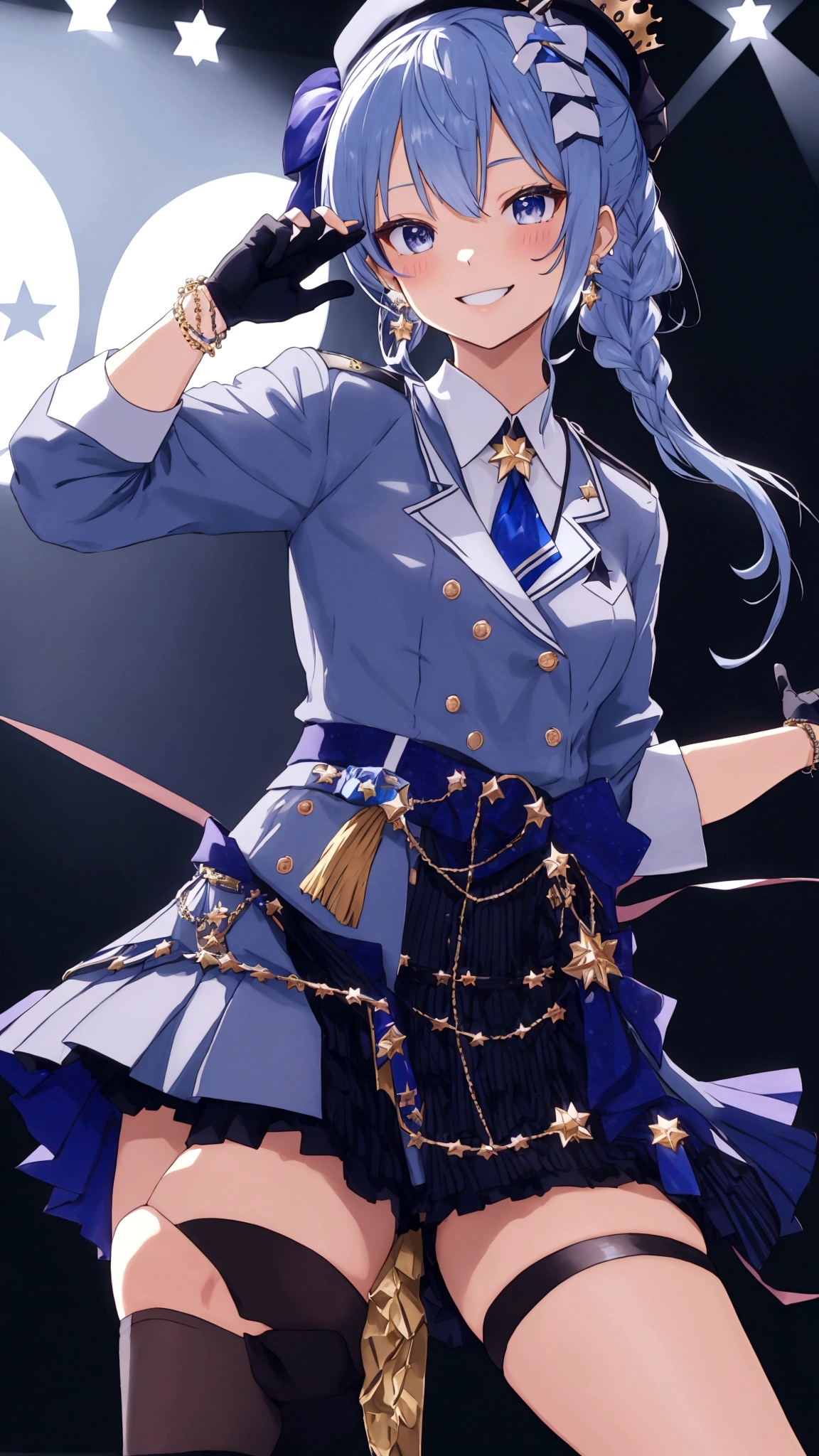 Mizunari Base, plaimorality beret, crown, Blue star necklace, star earrings, Blue Ascot, plaimorality jacket, plaimorality skirt, layeremorality skirt, Partial fingerless gloves, Star bracelet, Uneven Leg Clothing, Thigh straps, on stage, spotlight, hanmoralitys on hips, Smile, :morality, blush,