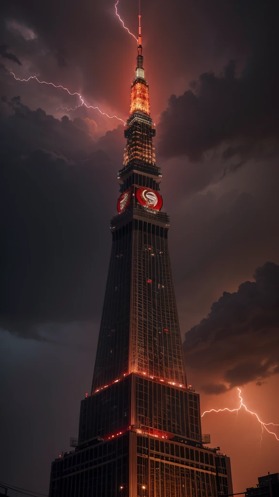 A photorealistic image of Tokyo Tower illuminated in an eerie, blood-red light. The sky is dark and stormy, with flashes of lightning illuminating the menacing clouds. High resolution, 9:16 aspect ratio, unsettling and ominous atmosphere.