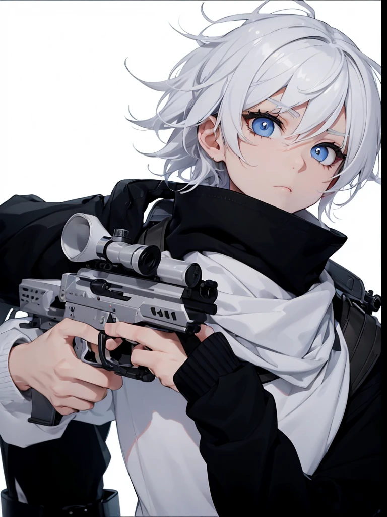 Boy with white hair;
shorth hair;
Messy hair;
eye white;
Some gun sight marks on the pupils;
wear black pants;
black jersey;
A white sweater;
A white scarf;
Snow white pupils The sniper is also white in color There's a white sniper on the back;
He is lying on the ground aiming with the sniper Right hands Symmetry Best quality No errors
Sniper na mão
((Faça ele segurar uma sniper branca simétrica sem erros e a mão segurando corretamente))
