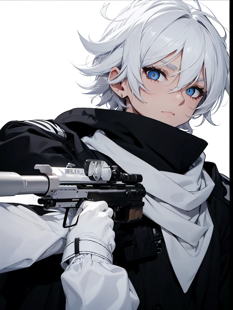 Boy with white hair;
shorth hair;
Messy hair;
eye white;
Some gun sight marks on the pupils;
wear black pants;
black jersey;
A white sweater;
A white scarf;
Snow white pupils The sniper is also white in color There's a white sniper on the back;
He is lying on the ground aiming with the sniper Right hands Symmetry Best quality No errors
Sniper na mão
((Faça ele segurar uma sniper branca simétrica sem erros e a mão segurando corretamente))