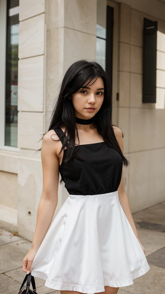 A girl with black hair and a white dress