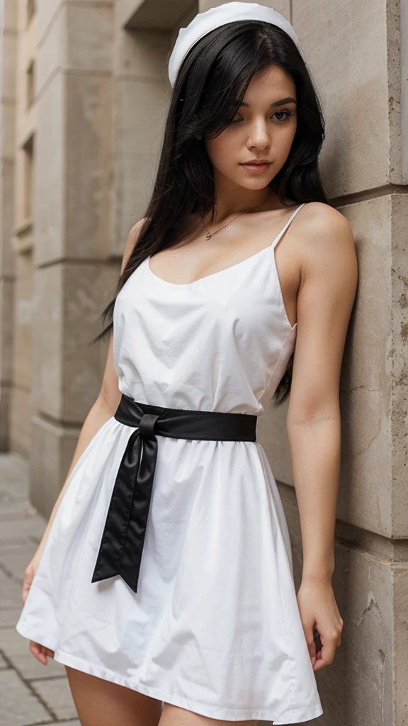 A girl with black hair and a white dress