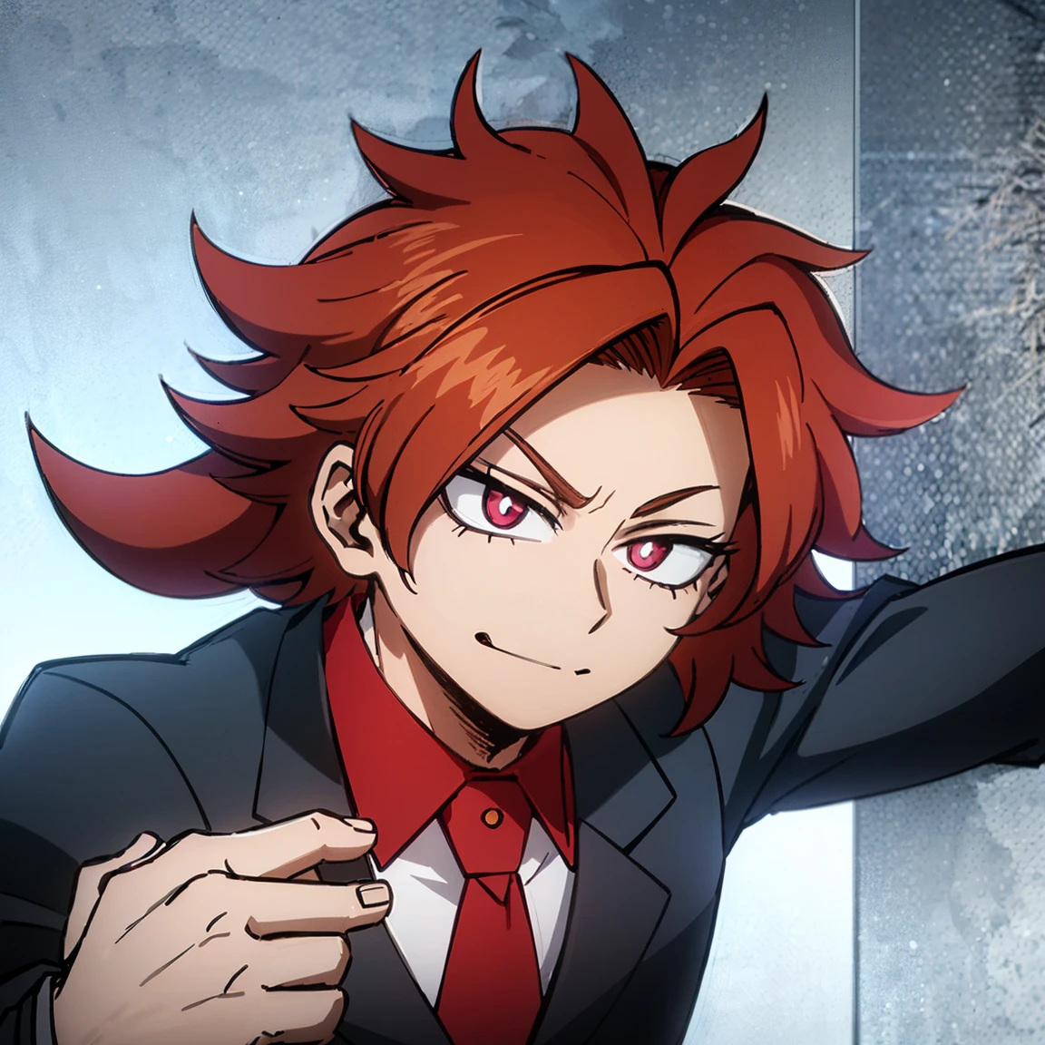 1boy, male focus, solo, muscular body, short hair, curly hair, red hair, golden streaks, magenta eyes, smirk, gray jacket, red tie, white shirt, teal pants, mlpadagio, MHA Style, Manhwa style, anime style, perfect eyes, perfect face, model face, boy