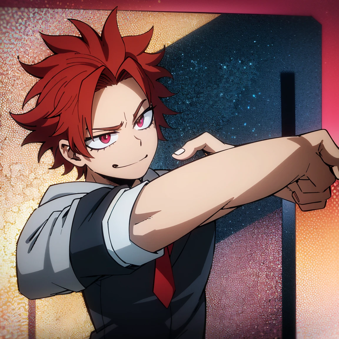 1boy, male focus, solo, muscular body, short hair, curly hair, red hair, golden streaks, magenta eyes, smirk, gray jacket, red tie, white shirt, teal pants, mlpadagio, MHA Style, Manhwa style, anime style, perfect eyes, perfect face, model face, boy