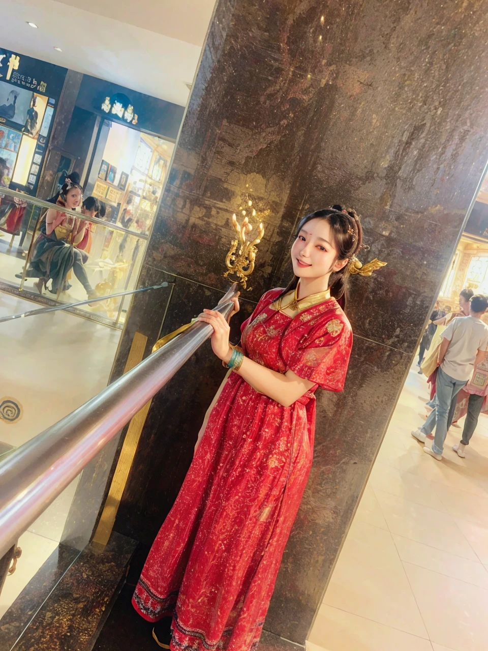 (RAW Photo, Best Quality), (Realistic, Photo Realistic: 1.3), Best Quality, Highly Detailed, Masterpiece, Ultra Detailed, Illustration, 1 Girl, upper_body, Dynamic Angle, World Mastery Theater, messy_long_hair, Best Quality, Extremely Detailed CG Unified 8k Wallpaper, Ink, Amazing, Cinematic Lighting, lens_flare, dunhuang_style, Beautiful Rendering of the Tang Dynasty, (Smile: 1.5), (Holy Light), In the Grotto, Floating, Sony Master Shot, Bustle, Gold Leaf, Flower, Looking at the Audience