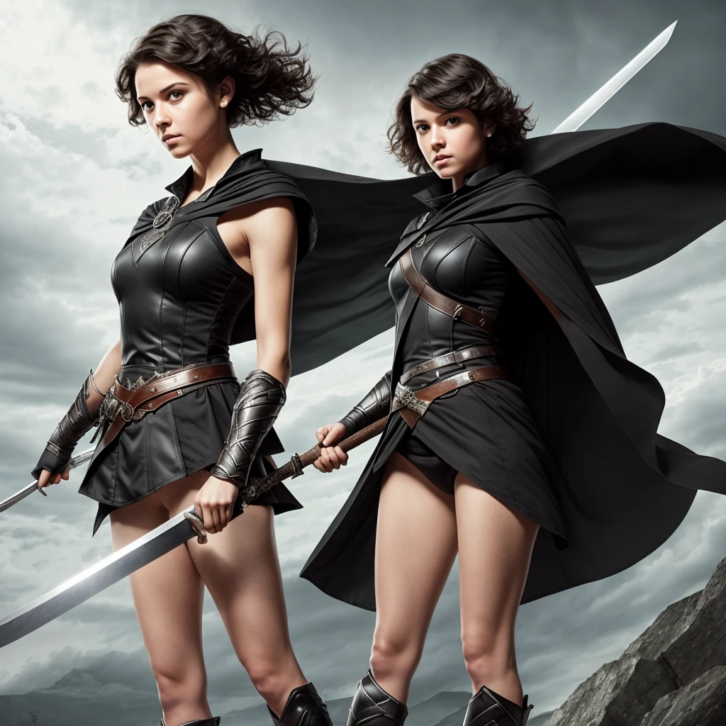 Strong and tall girl who wears a black half-cape and has short hair and is holding a sword