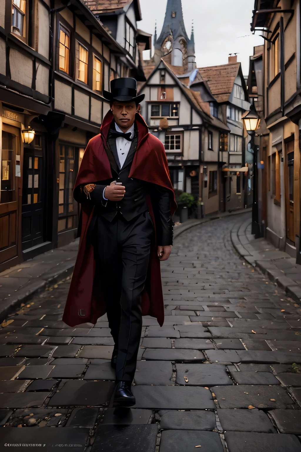 arafed image of a man in a red cloak walking down a cobblestone street, inspired by Evgeny Lushpin, he is wearing a top hat, flowing cape, 8k)), contest winner 2021, tom bagshaw ) ) ), english village, view from the streets, in a flying city, michael hoppen, tudor, sandman
