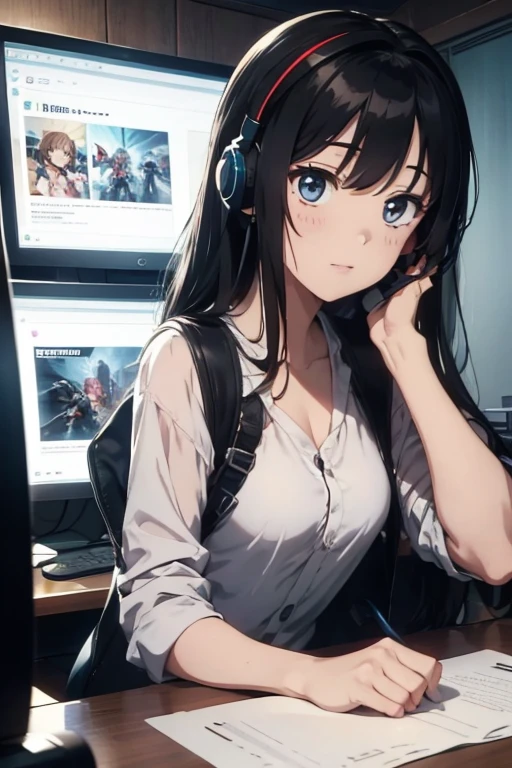 anime style, super fine illustration, highly detailed, dynamic angle, beautiful detailed, 8K, At night, in a dark room, Blake. A woman sits in front of her computer, unable to sleep. BREAK She is wearing a headset with a microphone and holding a video game controller, BREAK She is playing a awesome game.
