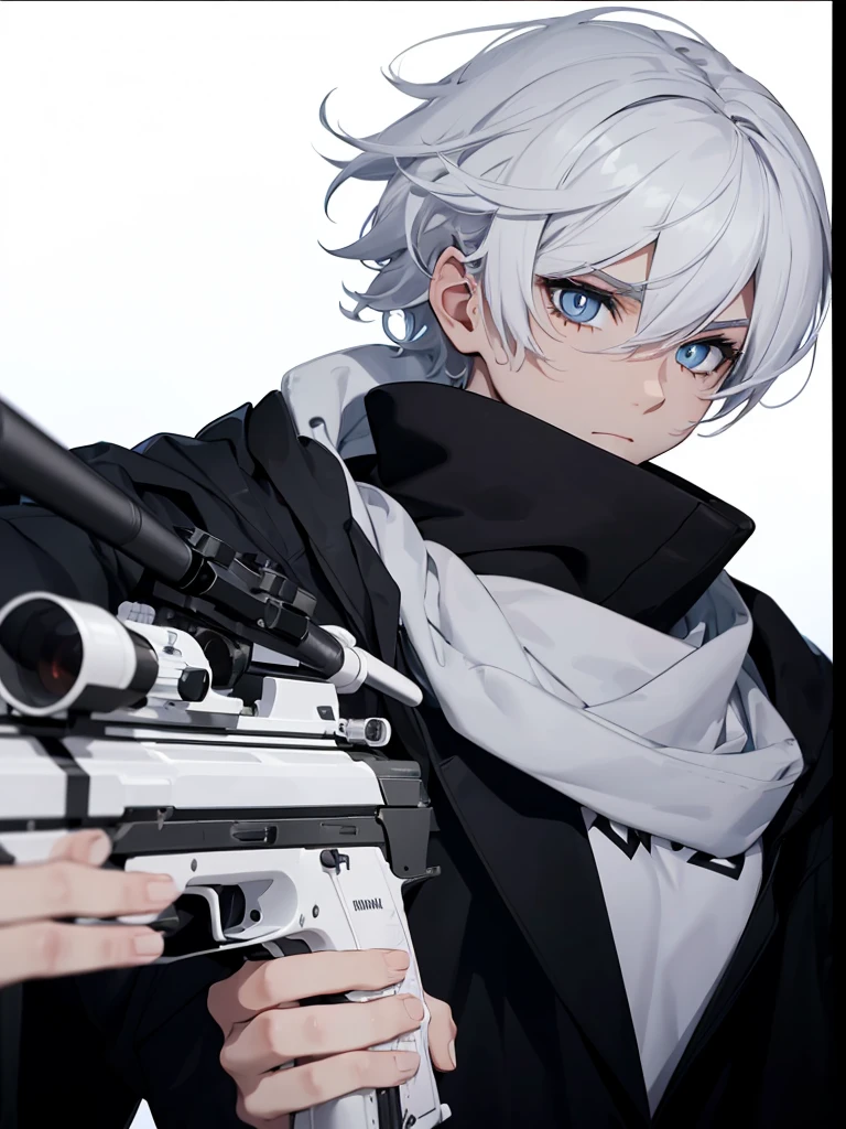 Boy with white hair;
shorth hair;
Messy hair;
eye white;
Some gun sight marks on the pupils;
wear black pants;
black jersey;
A white sweater;
A white scarf;
Snow white pupils The sniper is also white in color There&#39;s a white sniper on the back;


He is lying on the ground aiming with the sniper Right hands Symmetry Best quality No errors 

Sniper na mão 


((Faça ele segurar uma sniper branca simétrica sem erros e a mão segurando corretamente))