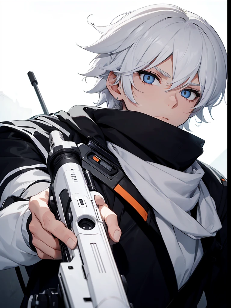 Boy with white hair;
shorth hair;
Messy hair;
eye white;
Some gun sight marks on the pupils;
wear black pants;
black jersey;
A white sweater;
A white scarf;
Snow white pupils The sniper is also white in color There's a white sniper on the back;
He is lying on the ground aiming with the sniper Right hands Symmetry Best quality No errors
Sniper na mão
((Faça ele segurar uma sniper branca simétrica sem erros e a mão segurando corretamente))