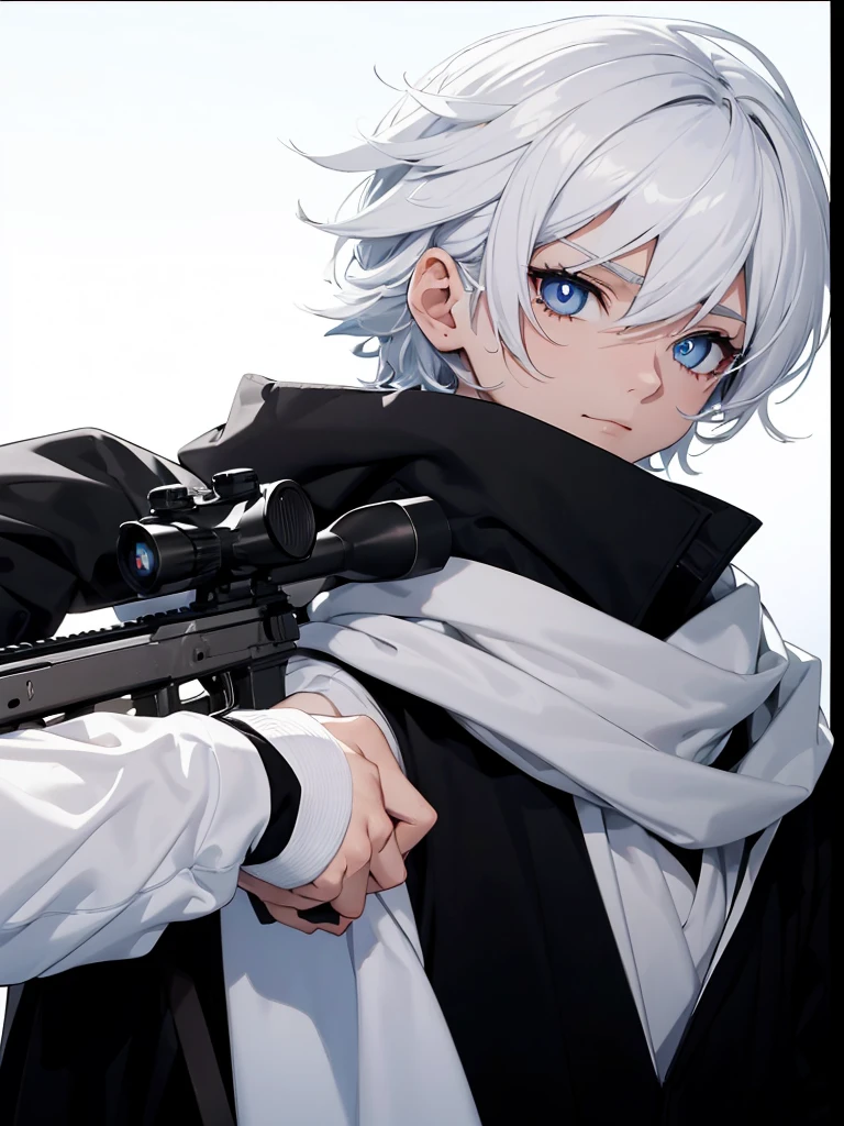Boy with white hair;
shorth hair;
Messy hair;
eye white;
Some gun sight marks on the pupils;
wear black pants;
black jersey;
A white sweater;
A white scarf;
Snow white pupils The sniper is also white in color There's a white sniper on the back;
He is lying on the ground aiming with the sniper Right hands Symmetry Best quality No errors
Sniper na mão
((Faça ele segurar uma sniper branca simétrica sem erros e a mão segurando corretamente))