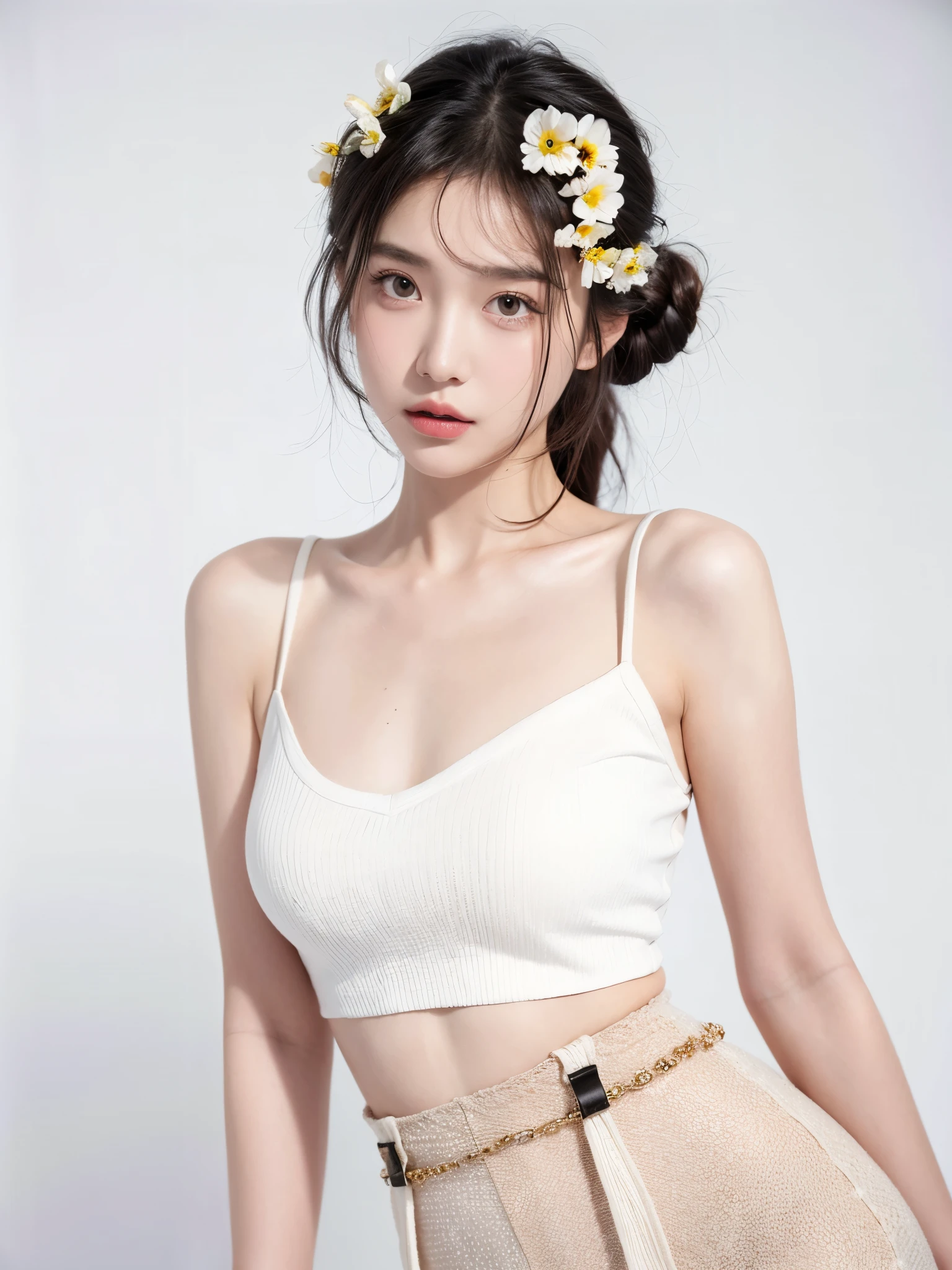 masterpiece,Best picture quality,Extreme details,Ultra-high resolution,Ultra-high definition,Beautiful young people,Glowing skin,thin,Black Hair,Half bun,1,big eyes,beautiful eyes,Lipstick,Exquisite facial features,Medium shot,Looking at the viewer, Tube Top Suspenders,Single tone background,White background,Soft light,Wear flowers on your head