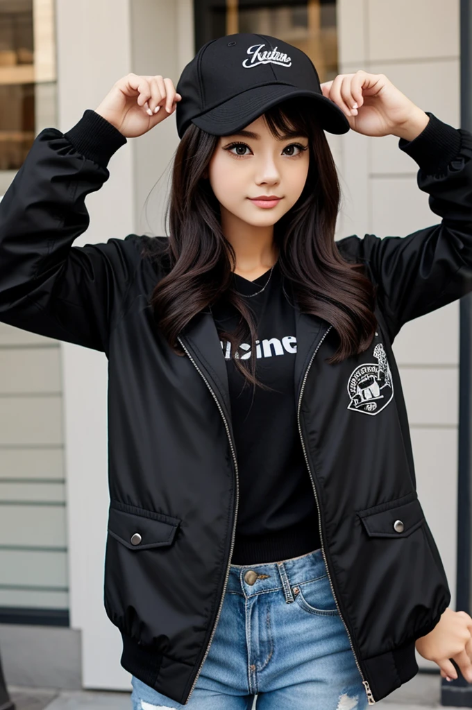 Create a cute kitten with a cute girl style black jacket and cap