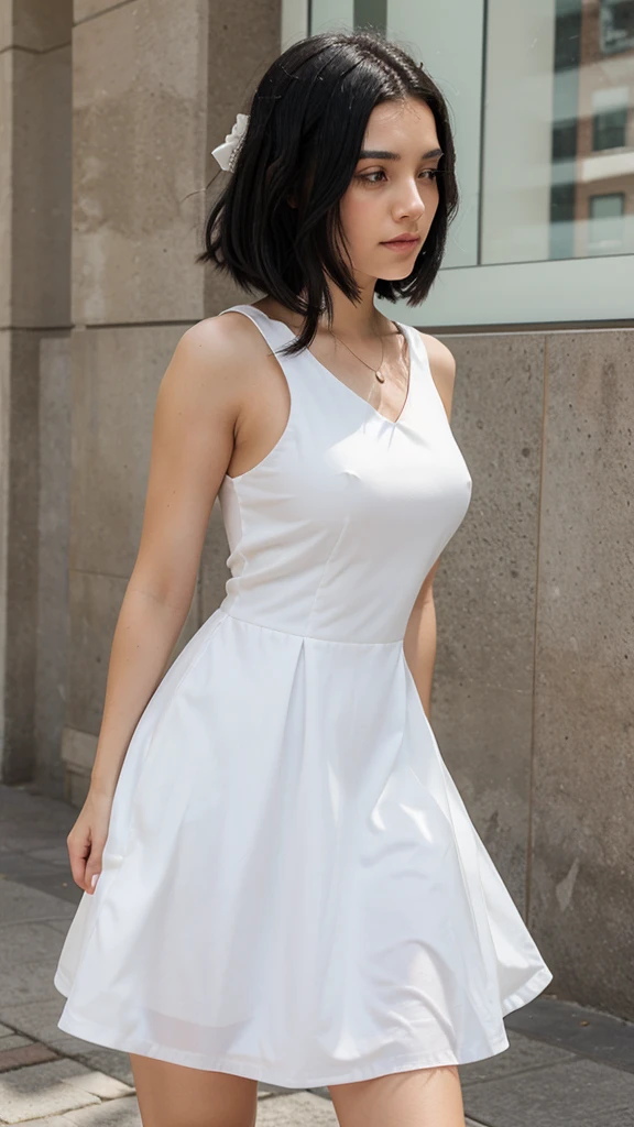 A girl with black hair and a white dress