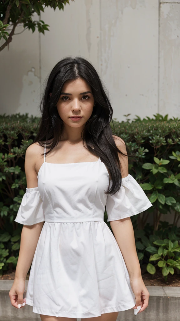 A girl with black hair and a white dress