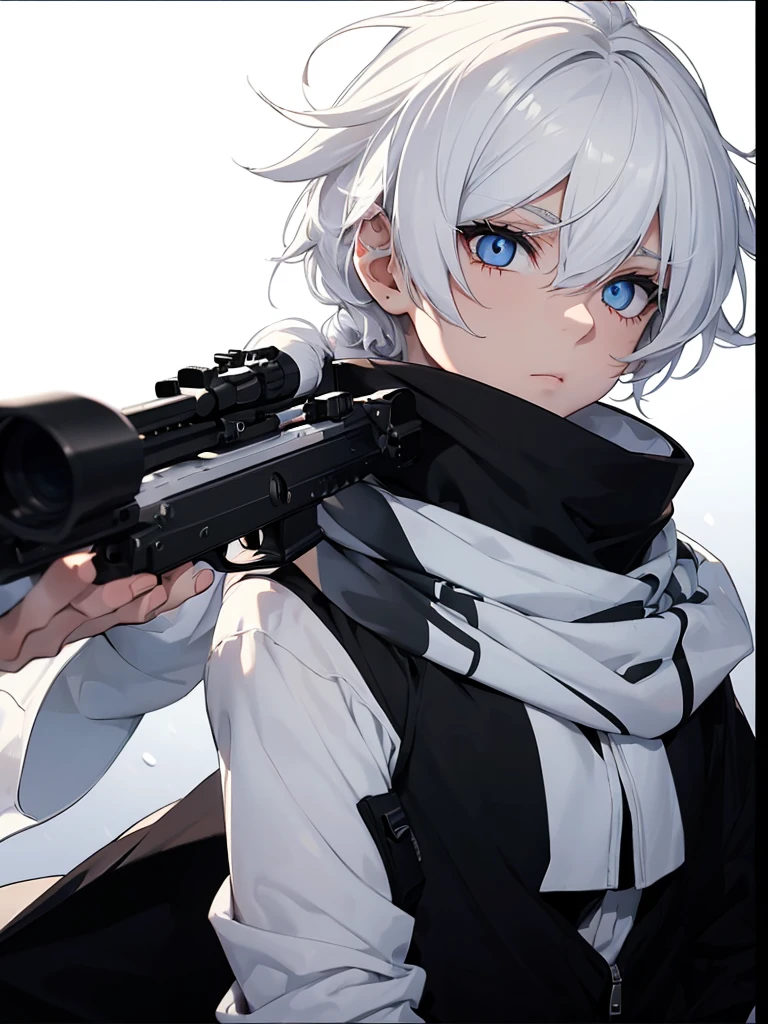 Boy with white hair;
shorth hair;
Messy hair;
eye white;
Some gun sight marks on the pupils;
wear black pants;
black jersey;
A white sweater;
A white scarf;
Snow white pupils The sniper is also white in color There's a white sniper on the back;
He is lying on the ground aiming with the sniper Right hands Symmetry Best quality No errors
Sniper na mão
((Faça ele segurar uma sniper branca simétrica sem erros e a mão segurando corretamente))
((Arma um pouco maior que o corpo))