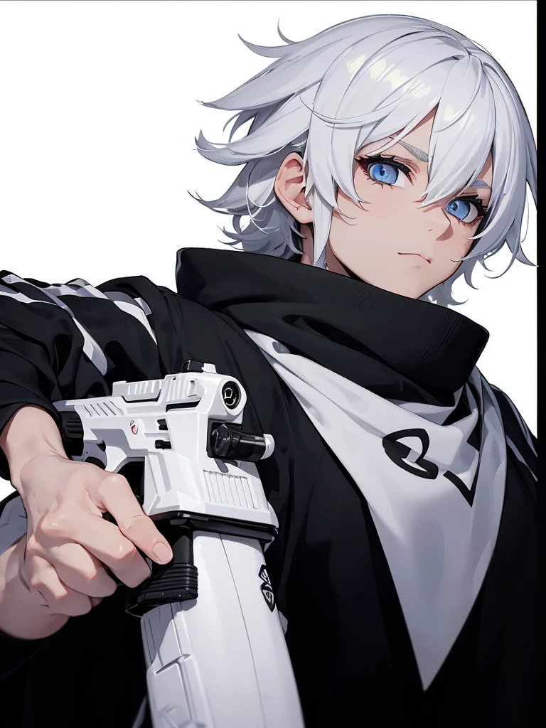 Boy with white hair;
shorth hair;
Messy hair;
eye white;
Some gun sight marks on the pupils;
wear black pants;
black jersey;
A white sweater;
A white scarf;
Snow white pupils The sniper is also white in color There's a white sniper on the back;
He is lying on the ground aiming with the sniper Right hands Symmetry Best quality No errors
Sniper na mão
((Faça ele segurar uma sniper branca simétrica sem erros e a mão segurando corretamente))
((Arma um pouco maior que o corpo))