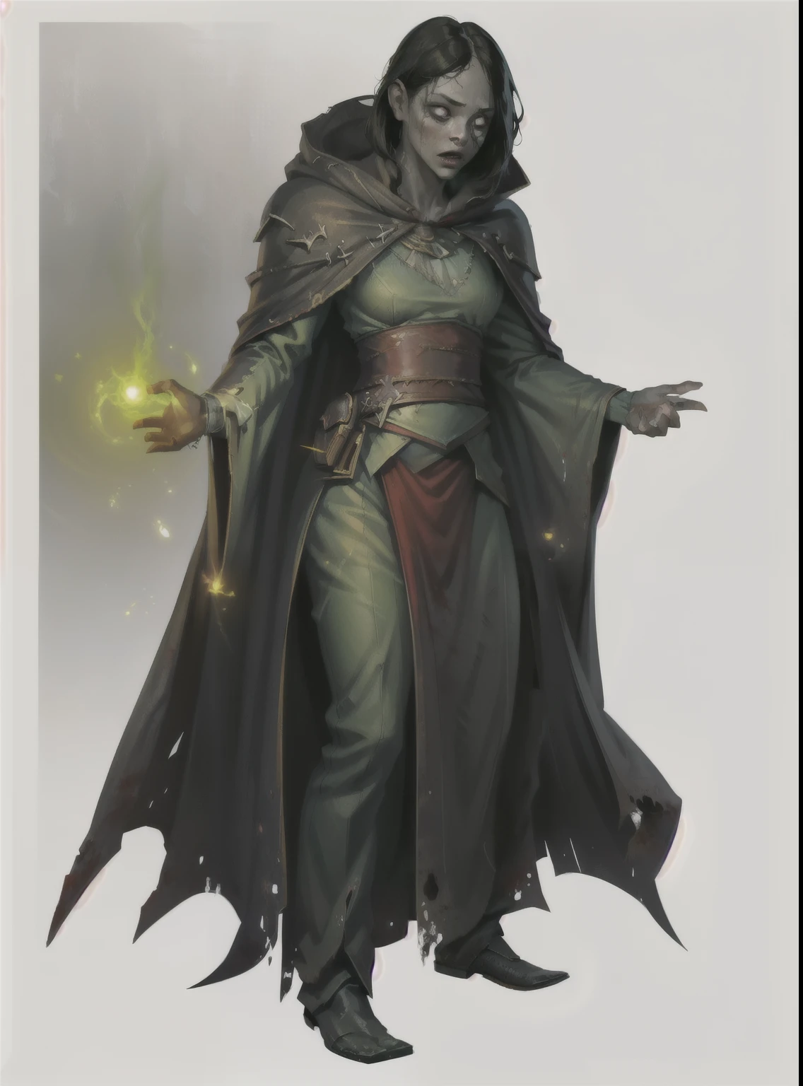 I want a character with a white background, png, Full body image, Zombie wizard, The Dark Organs magic at no cost once per combat, +2 in healing and less life at the beginning, black hair, sunken eyes, red cloak all over the body, and green glow