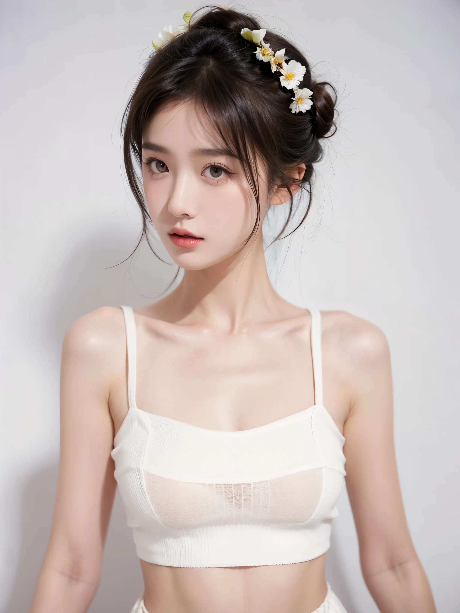 masterpiece,Best picture quality,Extreme details,Ultra-high resolution,Ultra-high definition,Beautiful young people,Glowing skin,thin,Black Hair,Half bun,1,big eyes,beautiful eyes,Lipstick,Exquisite facial features,Medium shot,Looking at the viewer, Tube Top Suspenders,Single tone background,White background,Soft light,Wear flowers on your head