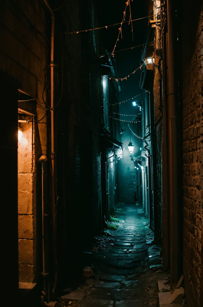 A narrow alleyway at dusk, a menacing shadow resembling a giant spider with thorny legs cast on the wall. High resolution, 9:16 aspect ratio, ominous and unsettling atmosphere.