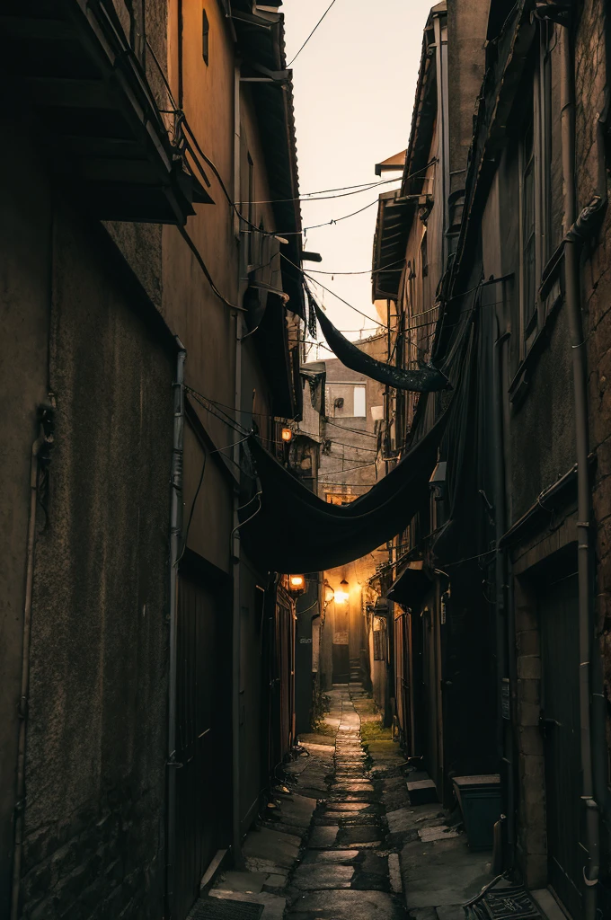 A narrow alleyway at dusk, a menacing shadow resembling a giant spider with thorny legs cast on the wall. High resolution, 9:16 aspect ratio, ominous and unsettling atmosphere.