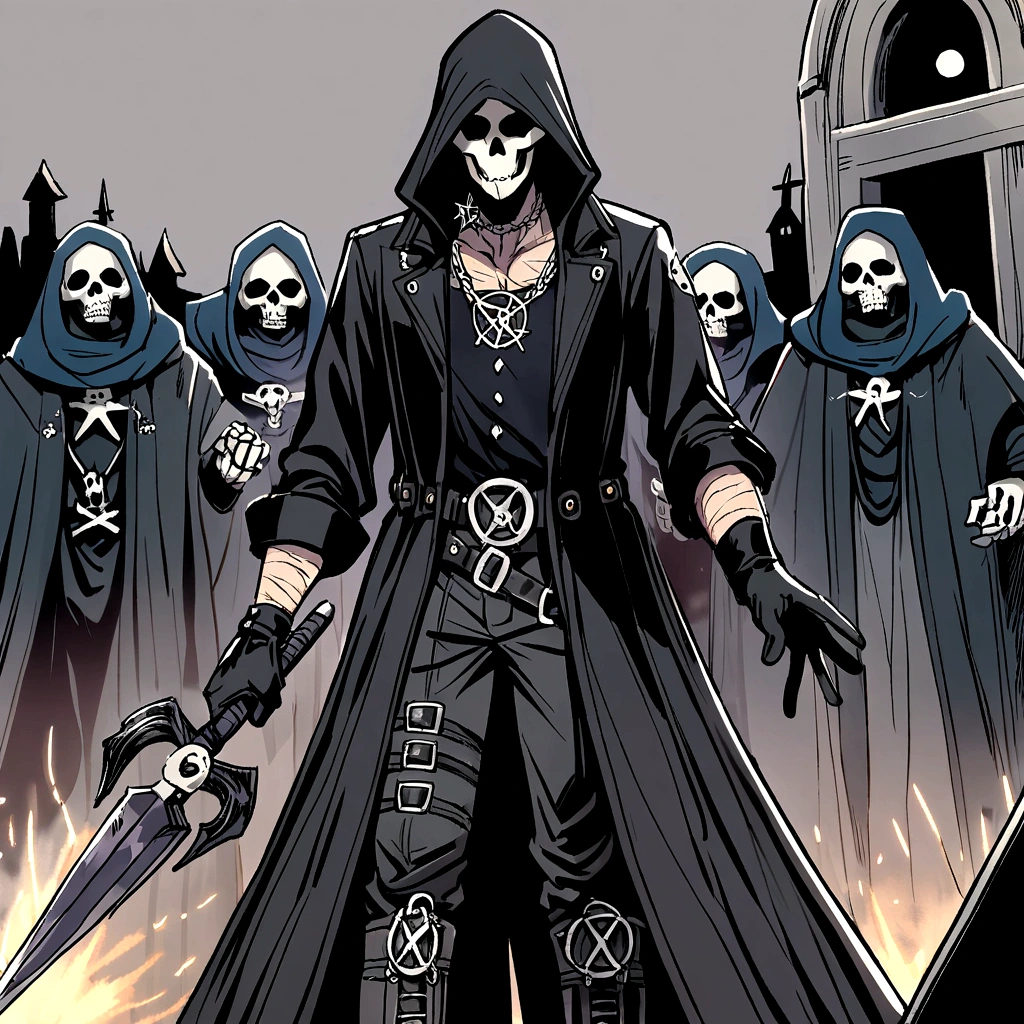 skeletor, sorcerer, No hair, tons, technician, necromancer, pentagram collar on neck, cut scars on face, black cloth clothing, long black coat, black leather gloves, buckled black leather boots, sparks of vital energy around, dusty clothes, stoic expression, neutral expression, cemetery background, holding grimoire.