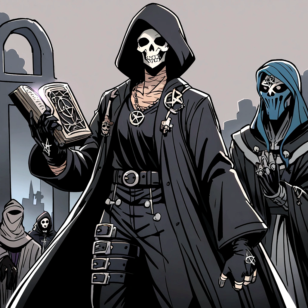 skeletor, sorcerer, No hair, tons, technician, necromancer, pentagram collar on neck, cut scars on face, black cloth clothing, long black coat, black leather gloves, buckled black leather boots, sparks of vital energy around, dusty clothes, stoic expression, neutral expression, cemetery background, holding grimoire.