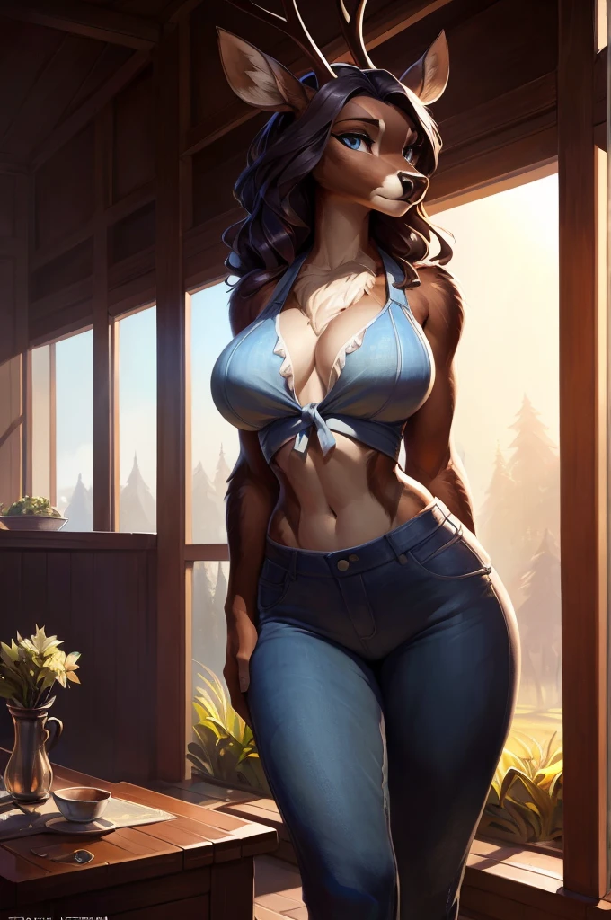 uploaded on e621, by Pixelsketcher, by Bayard Wu, by Thomas Benjamin Kennington , by Einshelm, solo anthro, (( Portrait)), BREAK, (detailed Bonifasko lighting), natural goddess, (Detailed fur), (detailed skin), BREAK, (Cinematic lighting), ((Detailed background)), (half body shadow), [Backlighting], [crepuscular ray], [Detailed ambient light], [gray natural lighting], (higher wildlife feral detail), [sharp-focus], (shaded), ((Masterpiece), big hips, Average Breasts, pectorals, commission for high res, Furry art, pov furry art, Sakimichan is beautiful, Masterpiece, Best Quality, Detailed image, Bright colors, Detailed Face, perfect  lighting, Perfect shadows, Perfect eyes, focus on girl, flawless face, gorgeous body, Hourglass body, shiny body, legs focus, Ears last year, fluffy woman, Body fur, Animal nose, muzzle, two-toned fur, gaze at the viewer, half closed eyes, 1girl, full - body, (Masterpiece:1.21), (Best Quality:1.2), (illustartion:1.2), (Cinematic lighting:1.3), Detailed fur, Balanced colouring, Global Illumination, Ray Tracing, good lighting, BREAK, muscular deer girl, furry deer, long wavy hair, farm girl, jeans, tied up shirt