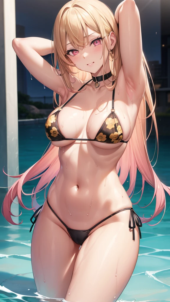 1girl, marin kitagawa, blonde hair, choker, long hair, (pink eyes:1.5), (slanted eyes:1.5), (glare:1.5), straight hair, swept bangs, (long eyelashes), (lower eyelashes:1.3), (blush:1.3),
BREAK (triangle bikini:1.2), Black bikini, (black panty), (patternless panty), (Yellow floral bikini:1.3), medium breasts, Naked, Exposed skin, (Wet skin:1.3), (arms behind head, armpits), one hand showing nipples, peaks nipples, bludging nipples, see through bikini
BREAK (sea:1.5), beach, (solar:1.3),
BREAK looking at viewer, 
BREAK (masterpiece:1.2), best quality, high resolution, unity 8k wallpaper, (illustration:0.8), (beautiful detailed eyes:1.6), extremely detailed face, perfect lighting, extremely detailed CG, (perfect hands, perfect anatomy), full body, black high heels, showing thighs standing 