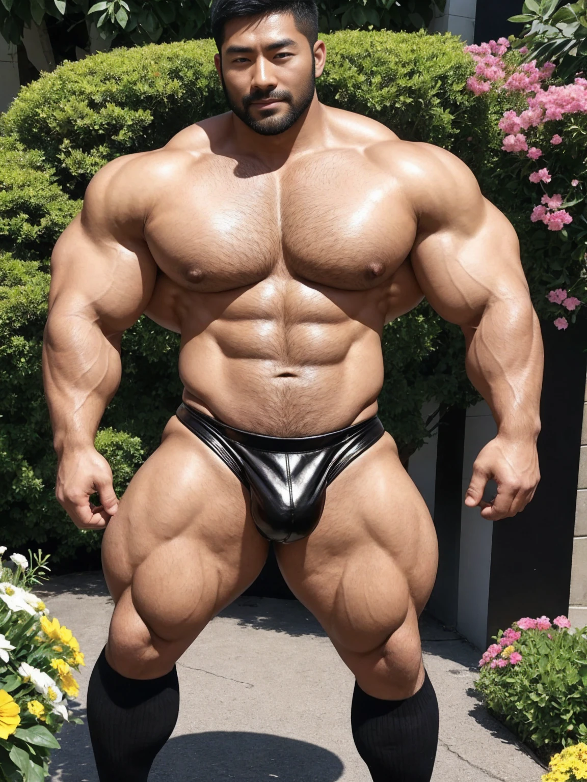 There is only one handsome Asian actor in the photo,35 years old,High target, Fitness,short hair, O-Shaped Beard,Perfect body, Dark skin color,Radiant Skin,Smooth skin,Muscle bulge, muscular, Very large pectoral muscles,Very sexy abdominal muscles,Very well-developed leg muscles,Huge concave and convex area,Brightens oily skin,Wearing black leather shiny thong,Handsome face, Correct and accurate male body proportions, Wear black socks,There are iron chains around the body,Stand among the flowers。