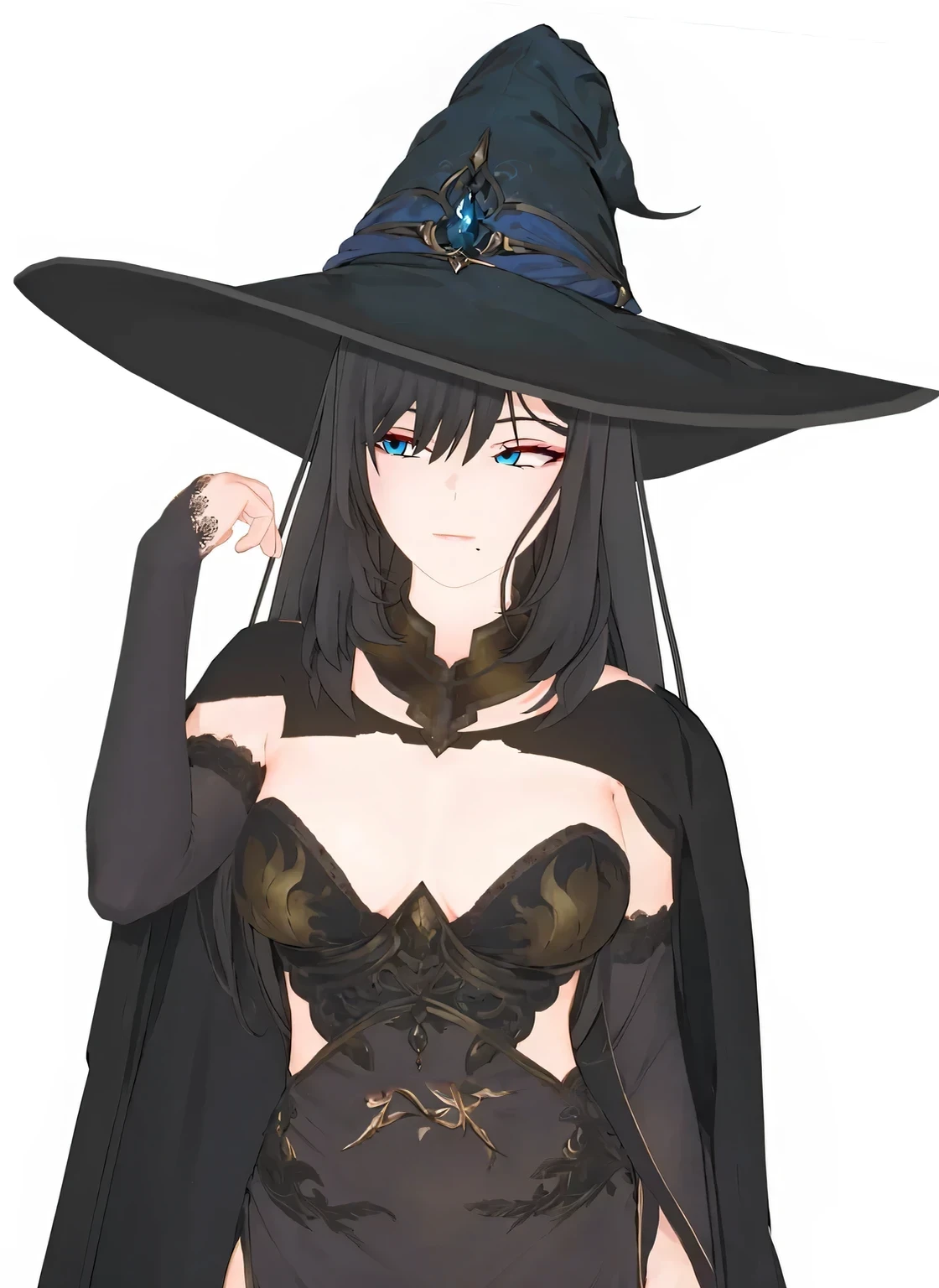masterpiece, highly detailed, best quality, 1woman, adult, female focus, solo, dark black hair, vibrant blue eyes, long hair, closed mouth, Fantasy aesthetics, fantasy earring, Highly detailed, shadowverse style, sorceress
