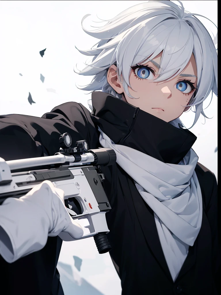Boy with white hair;
shorth hair;
Messy hair;
eye white;
Some gun sight marks on the pupils;
wear black pants;
black jersey;
A white sweater;
A white scarf;
Snow white pupils The sniper is also white in color There's a white sniper on the back;
He is lying on the ground aiming with the sniper Right hands Symmetry Best quality No errors
Sniper na mão
((Faça ele segurar uma sniper branca simétrica sem erros e a mão segurando corretamente))
((Arma um pouco maior que o corpo))