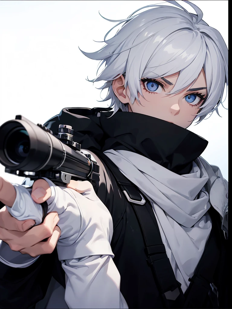 Boy with white hair;
shorth hair;
Messy hair;
eye white;
Some gun sight marks on the pupils;
wear black pants;
black jersey;
A white sweater;
A white scarf;
Snow white pupils The sniper is also white in color There&#39;s a white sniper on the back;


He is lying on the ground aiming with the sniper Right hands Symmetry Best quality No errors 

Sniper na mão 


((Faça ele segurar uma sniper branca simétrica sem erros e a mão segurando corretamente))


((Arma um pouco maior que o corpo))