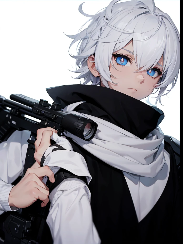 Boy with white hair;
shorth hair;
Messy hair;
eye white;
Some gun sight marks on the pupils;
wear black pants;
black jersey;
A white sweater;
A white scarf;
Snow white pupils The sniper is also white in color There&#39;s a white sniper on the back;


He is lying on the ground aiming with the sniper Right hands Symmetry Best quality No errors 

Sniper na mão 


((Faça ele segurar uma sniper branca simétrica sem erros e a mão segurando corretamente))


((Arma um pouco maior que o corpo))