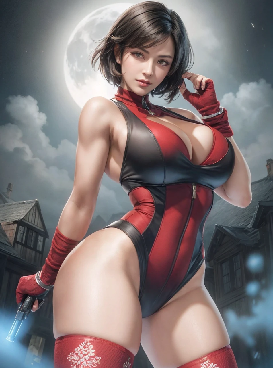 1 rapariga, solo, Ada Wong in Resident Evil 4 Remake, short detailed hair, brunette color hair, Red cheongsam, huge breasts, plump body, sexy body, Short-sleeved shirt, Nero, nedium breasts, upper limbs, hindquarters, Black heels, Adriana's face, Find your audience, sly smile, A pistol was hung on her waist, best qualtiy, hight resolution:1.2, 18th century village in the background, Shadowing, Nightmare, rays of moonlight, Upper body photography, Low camera angle、depth of fields、center focused