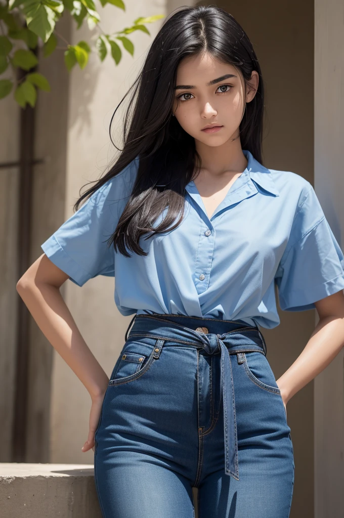 A boy, has brown skin, blue colored eyes, has a slightly thin body, She has short, straight black hair with light blue highlights spread throughout her hair., wears a black blouse with short sleeves, and a pair of jeans. There is a blue sash tied around her waist between her pants and blouse..