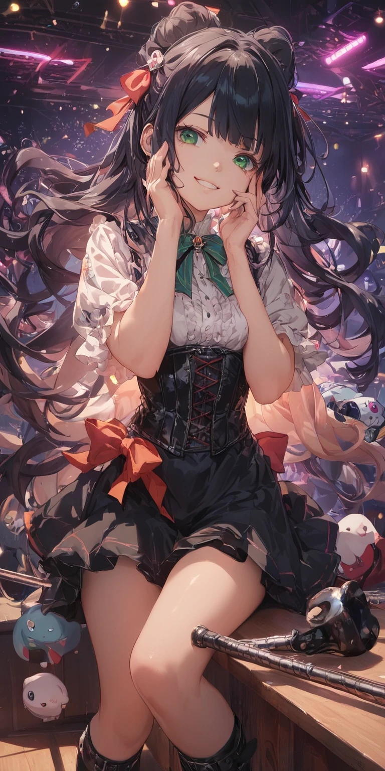 score_9, score_8_up, score_7_up, score_6_up, 1girl,
togetsu, 1girl, long hair, black hair, green eyes, bow, club, stage, looking at viewer, color lights, open shoulders, corset, skirt, ribbon, smile, hands on cheeks,