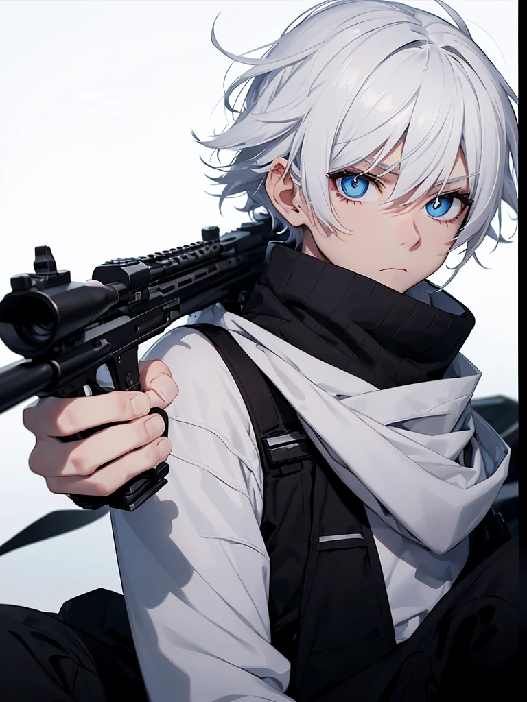 Boy with white hair;
shorth hair;
Messy hair;
eye white;
Some gun sight marks on the pupils;
wear black pants;
black jersey;
A white sweater;
A white scarf;
Snow white pupils The sniper is also white in color There's a white sniper on the back;
He is lying on the ground aiming with the sniper Right hands Symmetry Best quality No errors
Sniper na mão
((Faça ele segurar uma sniper branca simétrica sem erros e a mão segurando corretamente))
((Arma um pouco maior que o corpo))