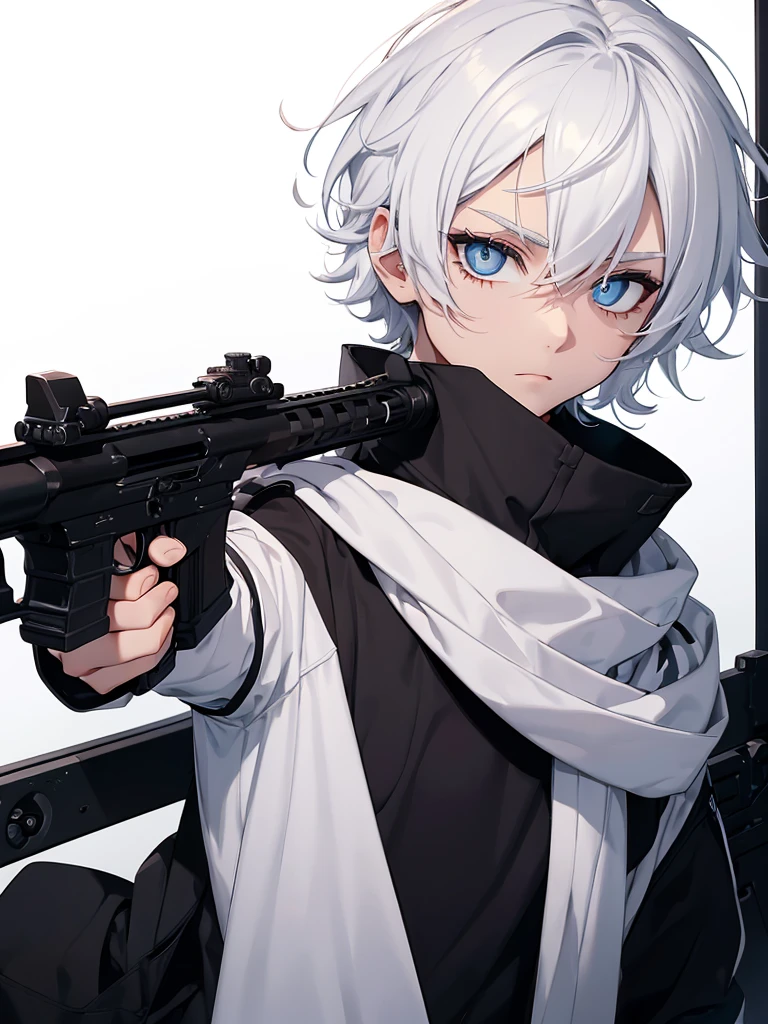 Boy with white hair;
shorth hair;
Messy hair;
eye white;
Some gun sight marks on the pupils;
wear black pants;
black jersey;
A white sweater;
A white scarf;
Snow white pupils The sniper is also white in color There's a white sniper on the back;
He is lying on the ground aiming with the sniper Right hands Symmetry Best quality No errors
Sniper na mão
((Faça ele segurar uma sniper branca simétrica sem erros e a mão segurando corretamente))
((Arma um pouco maior que o corpo))