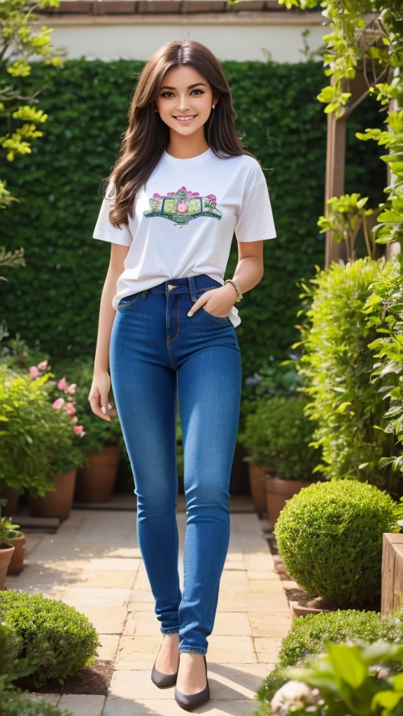 a one girl with t-shirt and jeans pant , standing in garden, beautiful and cute smile , bold and glamour influencer