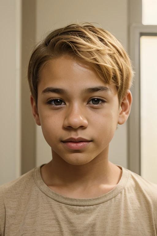 Light skin biracial boy with golden blond short hair and light brown eyes