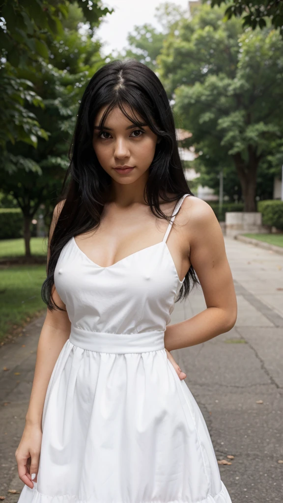 A girl with black hair and a white dress, large